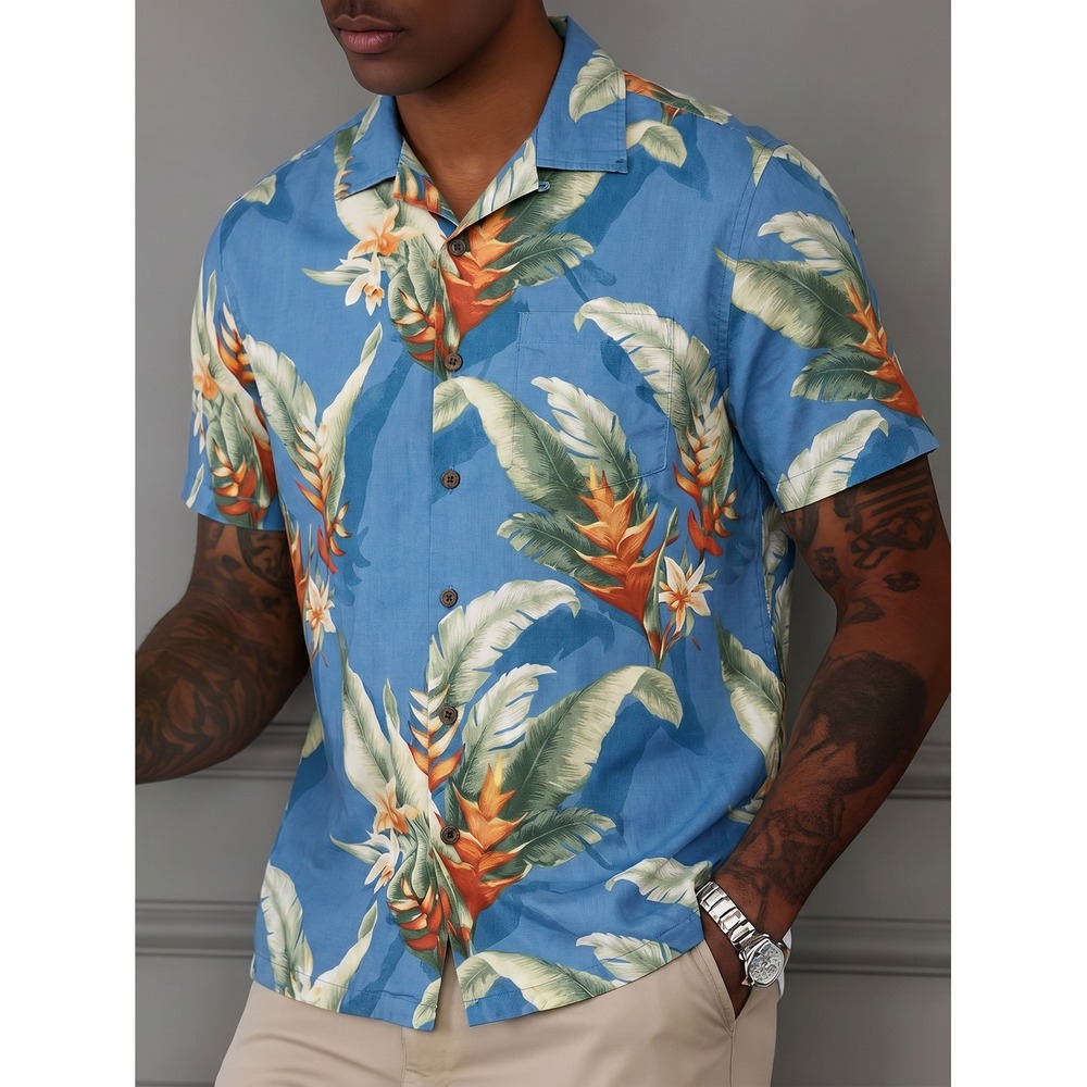 Tommy Bahama Silk Camp Shirt Medium Blue Floral Tropical Original Fit Excellent